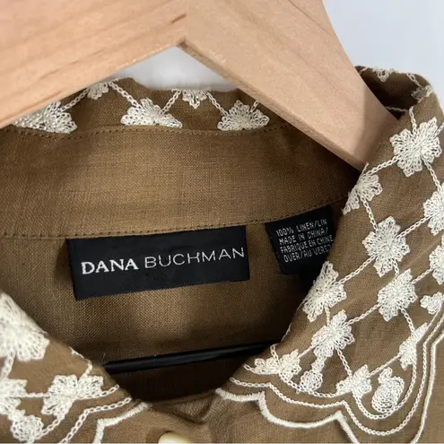 Dana Buchman 100% Linen Embroidered Button Front Brown Floral Scallop Trim 10