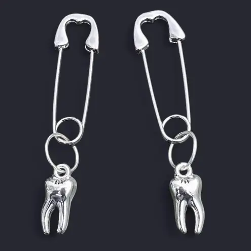 Handmade Unique Elegant Punk Gothic Style Tooth Safety Pin Design Hoop Earrings, Boho