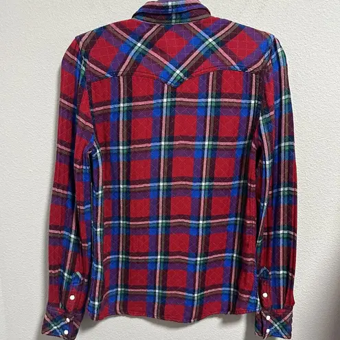 True Religion  Women's Button Up Shirt Red Plaid Flannel Pearl Snap Western Small