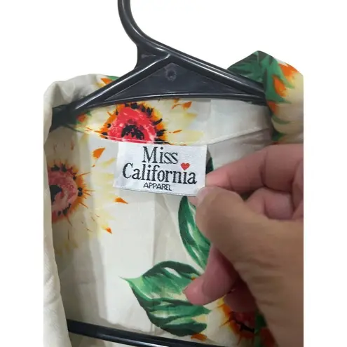 Miss California Sunflower Print Lace Up Front Collared Sleeveless Crop Top Large Yellow