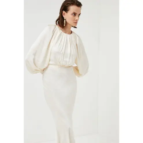 Karen Millen 4 Ivory Satin Backless Gown Puff Sleeve Pleated Belted Dress $679