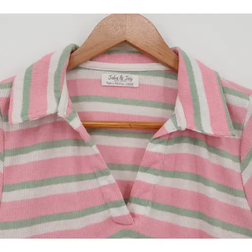 Y2K Preppy Polo Crop Top Pink Green Striped Ribbed 90s Soft Girl Pastel Size L Size L