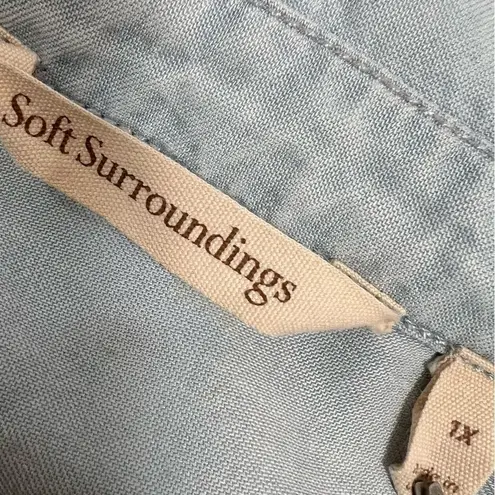 Soft Surroundings Paisley Park Chambray Peacock Feather Embroidered Shirt Dress