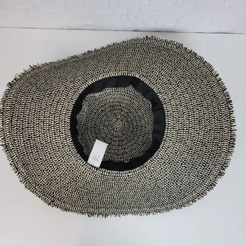 Womens Beach Hat One Size Black Tan Straw Wide Brim Fringe Summer Beach Sun Hat