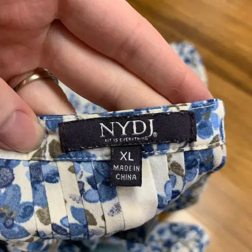 NYDJ Womens Blouse Size XL Cream Blue Floral V-Neck 3/4 Sleeve Button Front Top