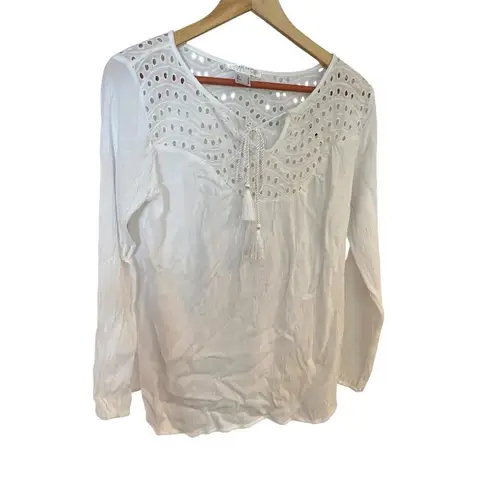 Lascana for Venus White Peasant Blouse Size M Eyelet Lace Tassel Boho Top Size M