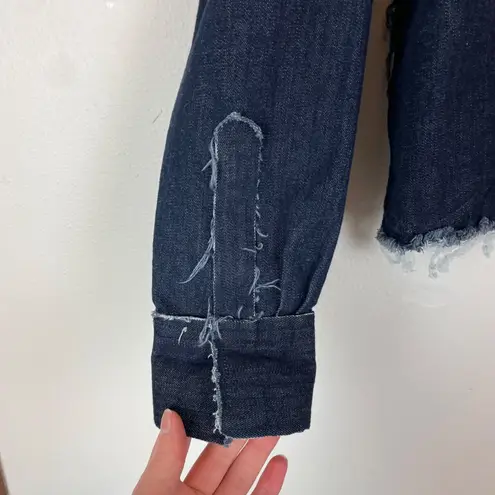 Norma Kamali Woman's S Frayed Seam Jean Jacket Spring Cropped Collared