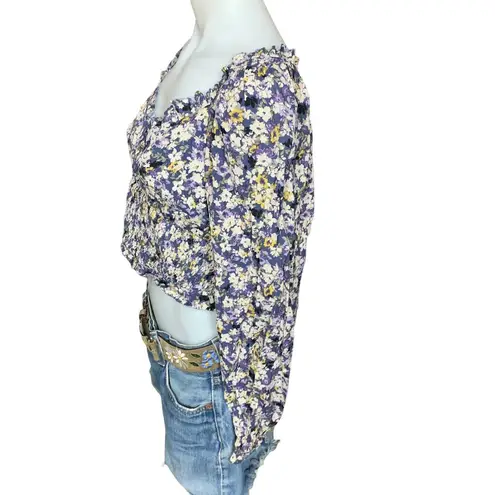 Nordstrom   Purple Navy Floral Milkmaid Crop Top LARGE Pansy Long Sleeves NEW