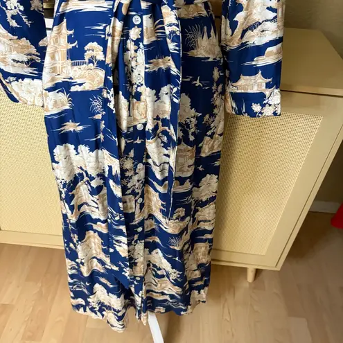 J MCLAUGHLIN Kahlo Silk Blend Belted Shirt Midi Dress Blue Imperial Toile Small