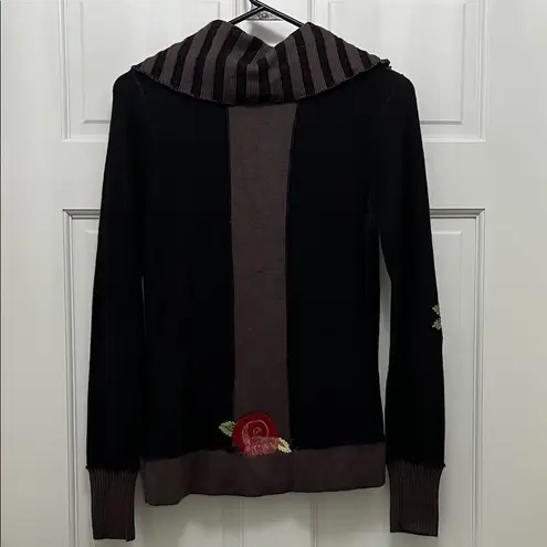 One Girl Who Black Floral Embroidered Full Front Zip Sweater