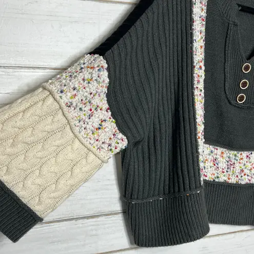 Mello Patchwork Sweater Colorblock Knit Henley Boho Size Small Gray