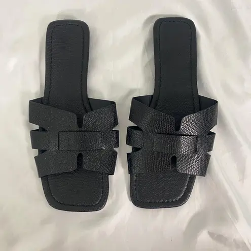 Black Flat Open Toe Elegant Embellished Cutout Slide Sandals EU 42 US 11.5