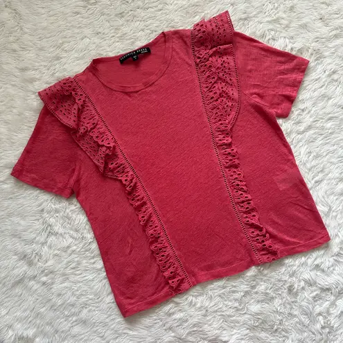 Veronica Beard Top Prema Eyelet Ruffle Crewneck Tee Linen Short Sleeve S