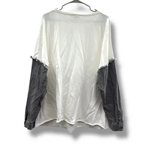 Mazik White Gray Long Sleeve Colorblock Top Women’s Size Large Casual Fringe