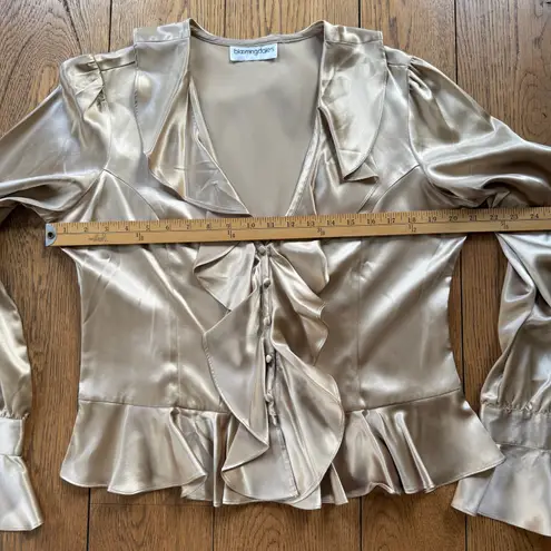 Bloomingdales Vintage Satin Ruffle Peplum Blouse SZ L Poet Sleeve Tan V Neck Button Up Romanti