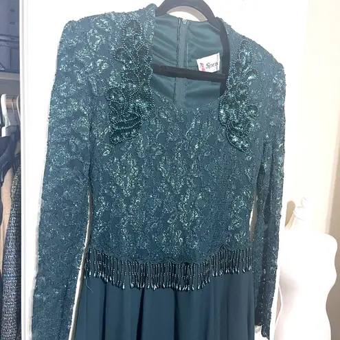 Vintage Green Cocktail Dress Sequins Beaded Midi Full Skirt Gown Sz 6/8