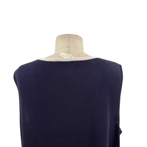 Misook Exclusively Sleeveless Sheath Knit Dress Navy Blue Cream Trim Size XL
