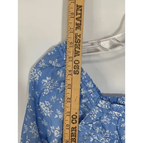 Speed Limit Womens Blouse Cropped Square Neck Drawstring Floral Blue Medium