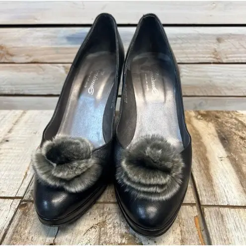 Vintage Charisma Italy Black Leather Heels w/ Real Mink Fur Pom Pom Size 8.5