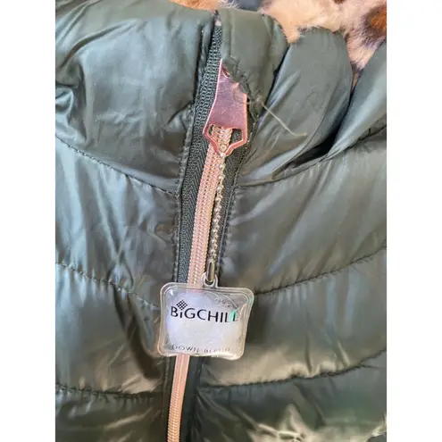 Big Chill Quilted Down Coat Dark Green Leopard Faux Fur Hood Streetwear City Y2K Size L