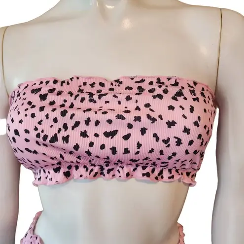 Romwe  Pink & Black Leopard Print Ruffle Strapless Bikini Swimsuit (S)