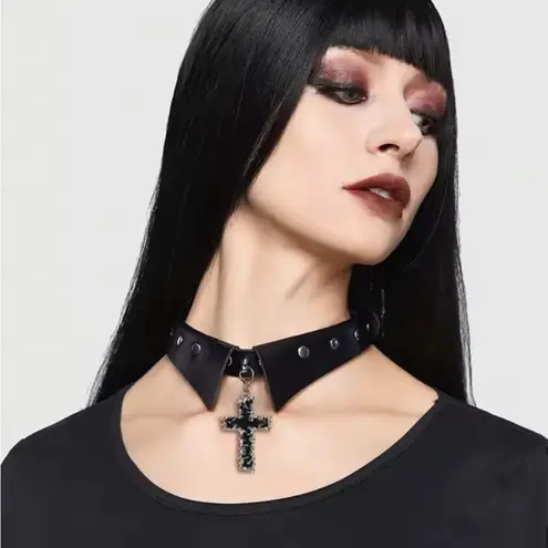 Black Collar Necklace with Cross Pendant