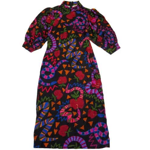 Farm Rio NWT Jungle Snake Fruit Midi in Black Apple Puff Sleeve Dress S $195