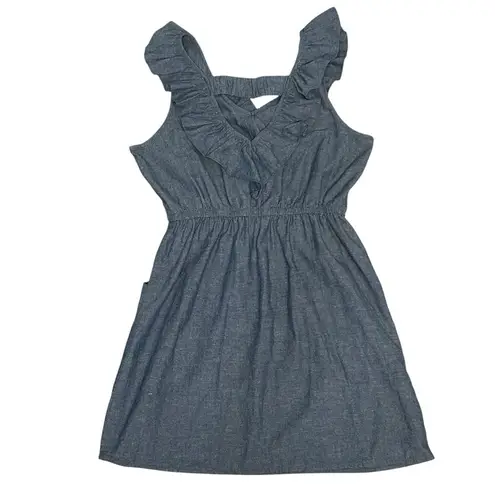 Alythea Chambray Ruffle Linen Sundress Blue Sleeveless Dress Women’s Large