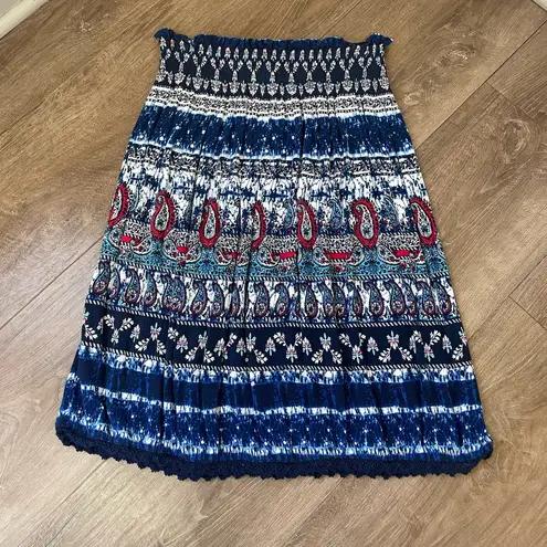 Westport Midi Skirt Boho Hippie Blue Paisley Tie Dye Crochet Trim ~ Size S