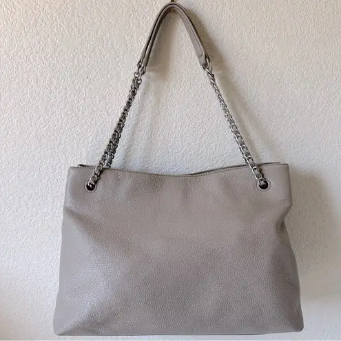 Tory Burch  Leather Britten Triple Compartment Tote Bag Purse in Bone Grey