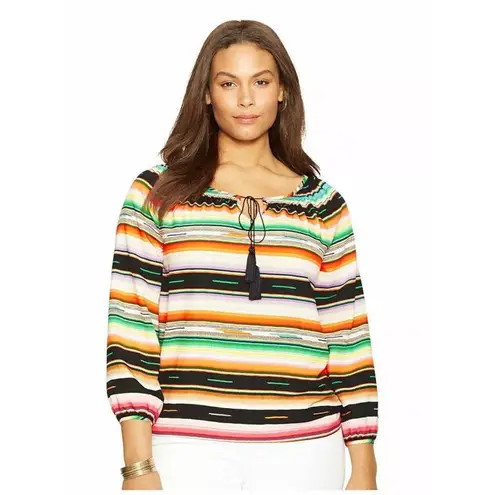 RALPH LAUREN Multicolor Serape Stripe Axtec Tassel Tie Peasant Top Size Medium