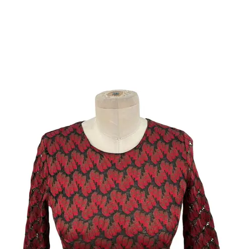 Maje Royani Jacquard Dress Fit & Flare Long Sleeve Red Black Size 1 US Small