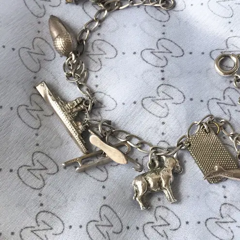 Vintage Sterling Silver Charm Bracelet, Heart Anchor Skates Ship, 7 Inch