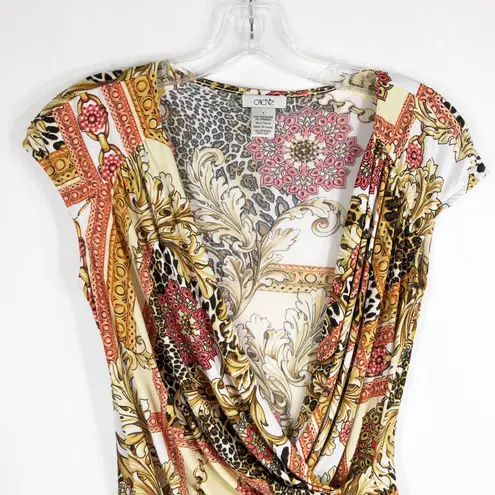 Cache Small Top Blouse Drape V Neck Faux Wrap Gold Red Regal Animal Leaf 913