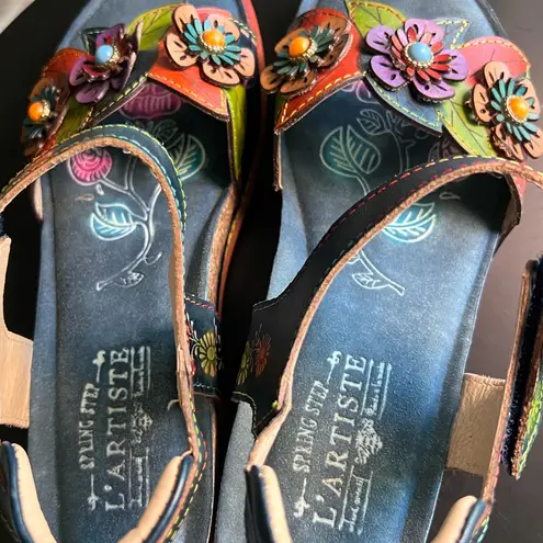 Navy L’artiste Floral Wedge Sandals | Size 10 | hand painted leather shoes Blue