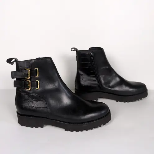 ANDRE ASSOUS Pandora Ankle Bootie Black Leather Croc Embossed Women's 7.5