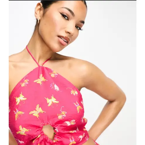 Something New halter neck cropped top in pink butterfly print. Size S. NWOT