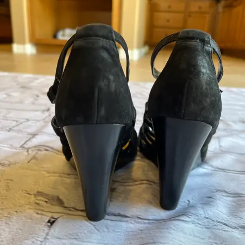 Ralph Lauren Lauren  Black Suede Strappy Wedge Heels Sandals 7