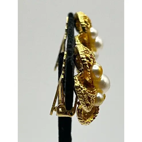 Vintage Gold Tone Faux Pearl Filigree Floral Statement Earrings Clip On Glam