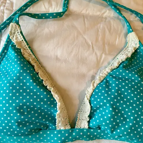 Y2K Vintage 90s Blue Polka Dot String Bikini Size Medium White Ruffle