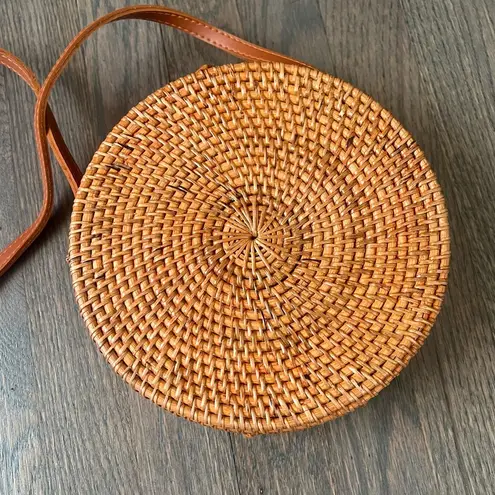 Authentic Bali Round Rattan Woven Bag Purse with Leather Strap, Batik Lining Tan