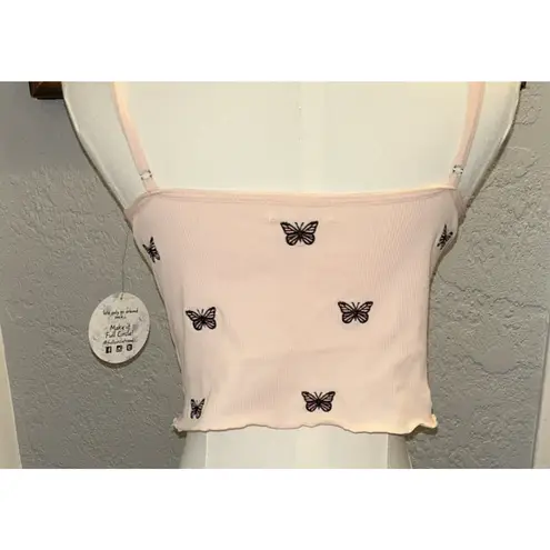 Jolie & Joy Crop Top NWT Lg Pink Embroidery Butterfly Ribbed Knit Coquette Beach