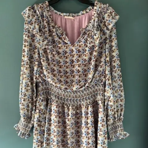 Kori Dress L Blue Brown Floral Puff Sleeve Smocked Cottagecore Boho Prairie