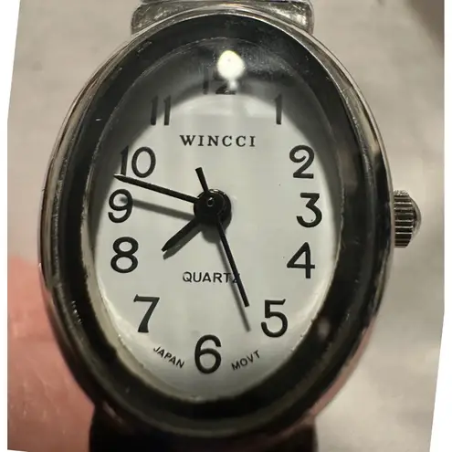 Wincci Quartz Watch Silver Tone Black Faux Leather Cuff Bracelet Japan Movt Blue