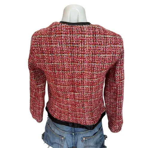 English Factory Pink Tweed Blazer LARGE Boxy Boucle Faux Leather Clueless $210