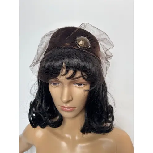 Vintage 1950s Betmar Brown Velvet Pillbox Hat with Veil & Jewel Accent