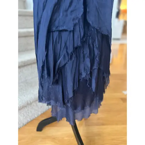 Source Unknown Whimsygoth Fairy Romantic Navy Silk Asymmetric Raw Flutter Midi Slip Skirt
