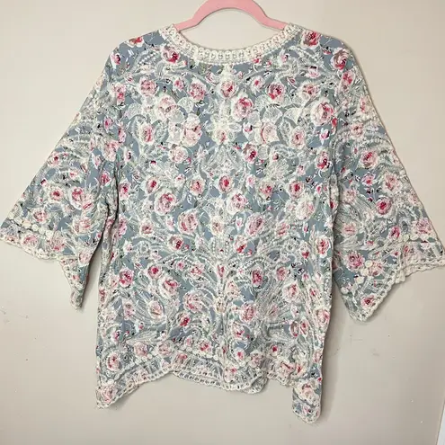 Solitaire Floral Embroidered 3/4-Sleeve Scalloped Hem Top, XL