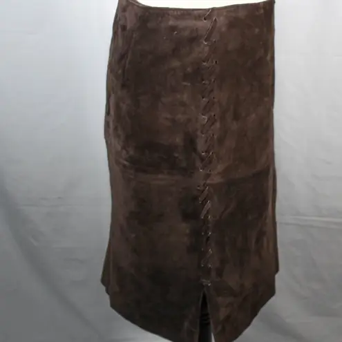 Vintage 1990s Chocolate Brown 100% Leather Sueded Skirt with Side Stitch Size 8