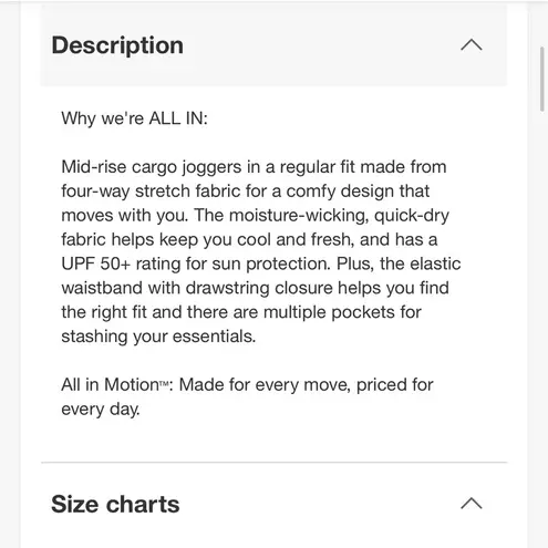 All In Motion NWT Women's Active Light Mid-Rise Cargo Joggers